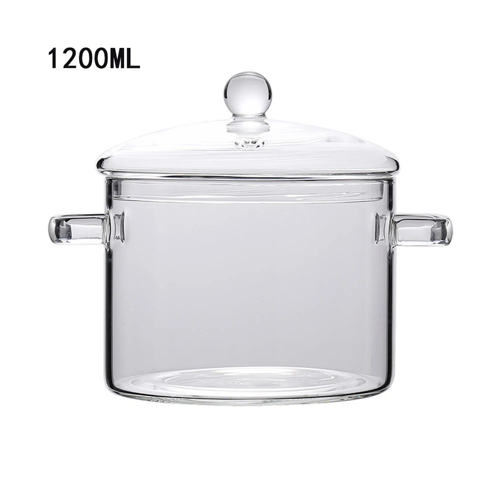 Olla de vidrio transparente con tapa y asa, diseñada para cocinar para todo.