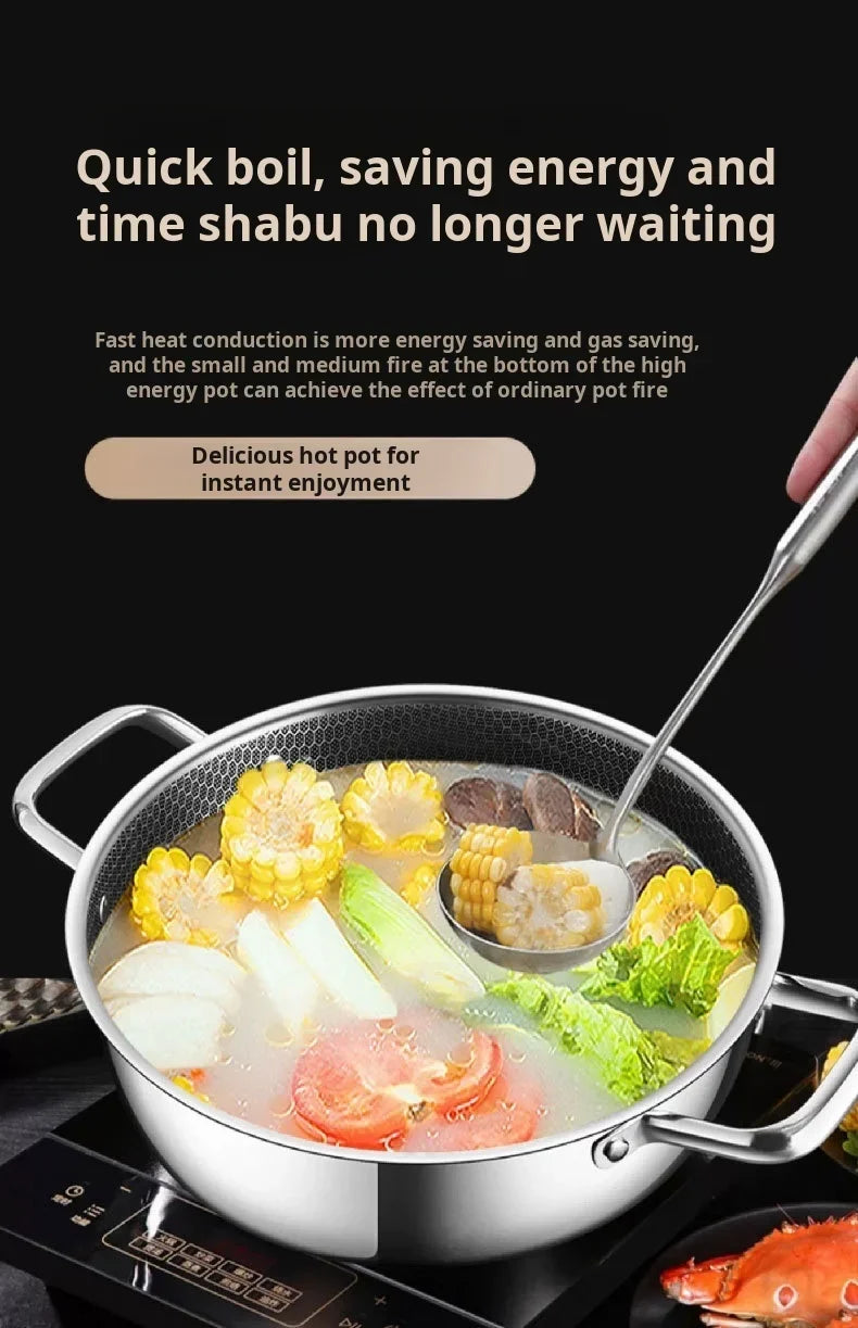 A silver pot filled with a light-colored soup containing various vegetables and fruit pieces, being stirred by a metal spoon.