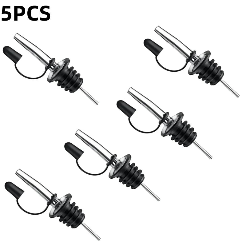 A set of five stainless steel wine bottle stoppers and pourers.