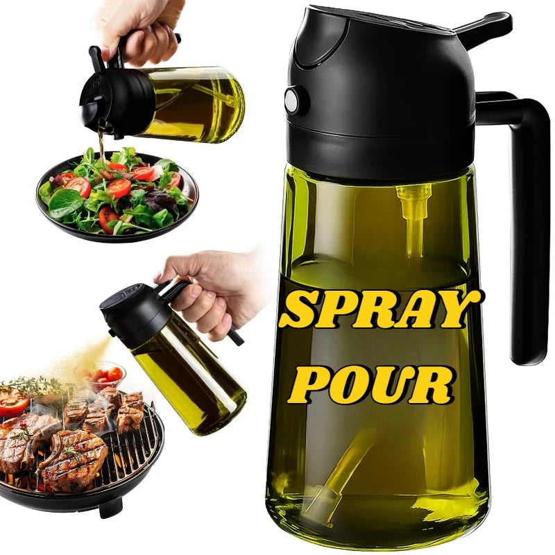 A black dual-function oil sprayer bottle is shown next to olive oil being sprayed onto a salad and grilled meat.