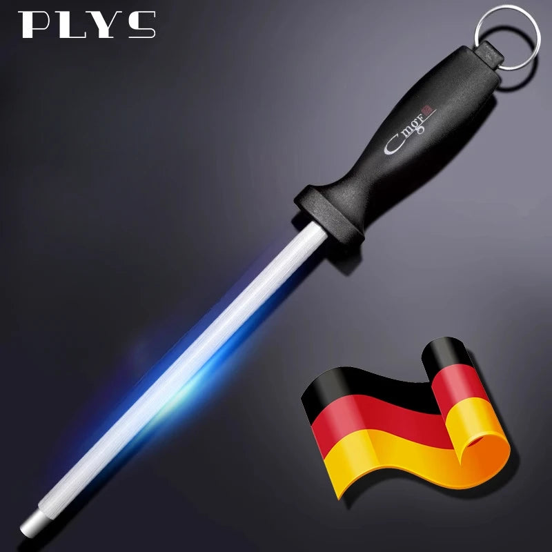 A black knife sharpening rod with a silver blade and a German flag emblem, shown against a dark background.