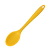 A bright yellow silicone mixing spoon with a heat resistant coating.
