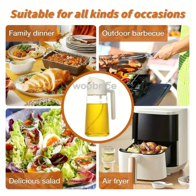 Vielseitige Ölsprayflasche neben Speisen für Familienessen, Grillpartys und Salate.
