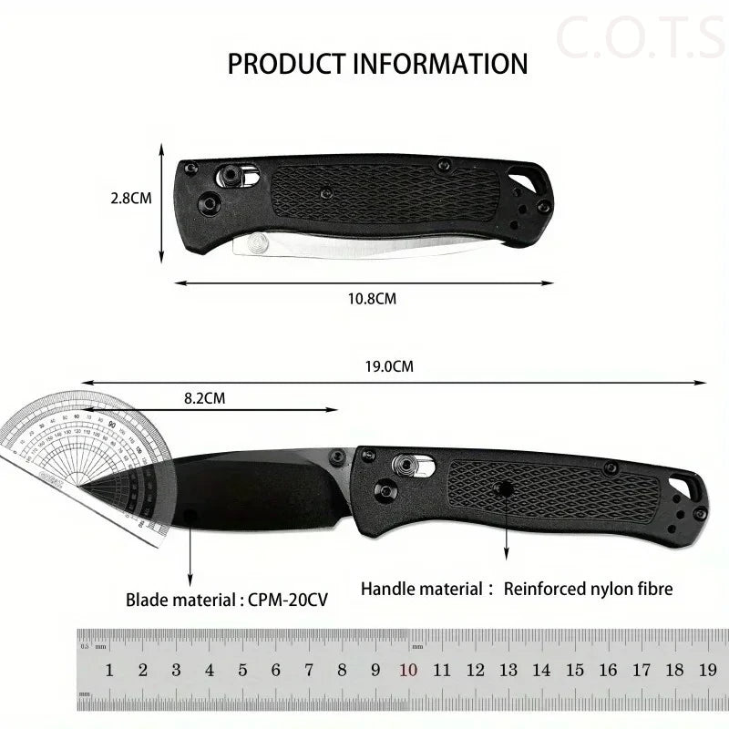 A black folding utility knife with a reinforced nylon handle and a blade, shown in various dimensions.