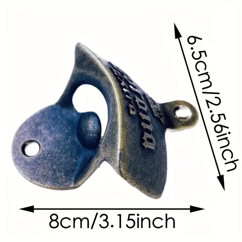 A dark metal retro corona wall mounted bottle opener with a curved design.