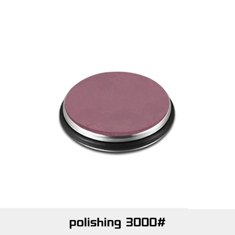 A round, pink polishing pad with a silver rim used for sharpening.