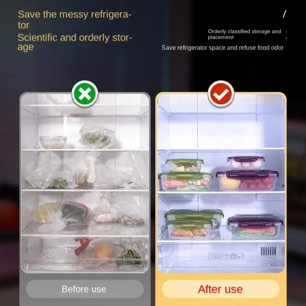 Before and after comparison of stackable airtight refrigerator storage boxes for organized food storage