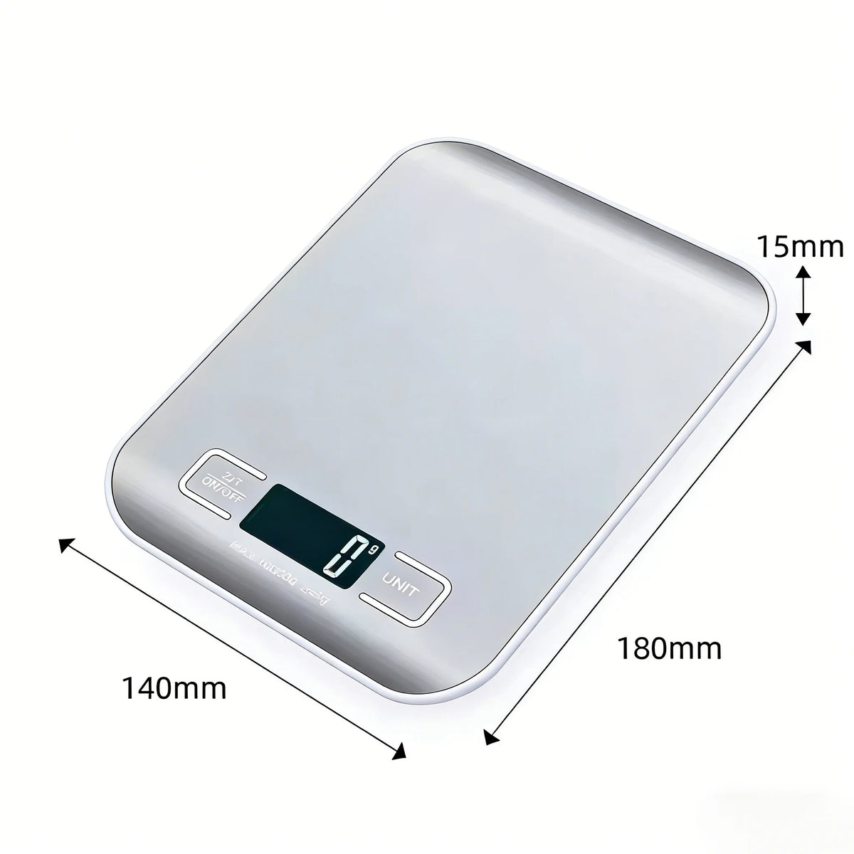 A silver digital kitchen scale shown from above with measurements and unit indicators.