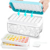 A stackable silicone ice cube tray set with a clear storage bin and colored ice cubes being shown.