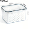 A clear plastic food storage container with a filter lid, measuring 3300ml.