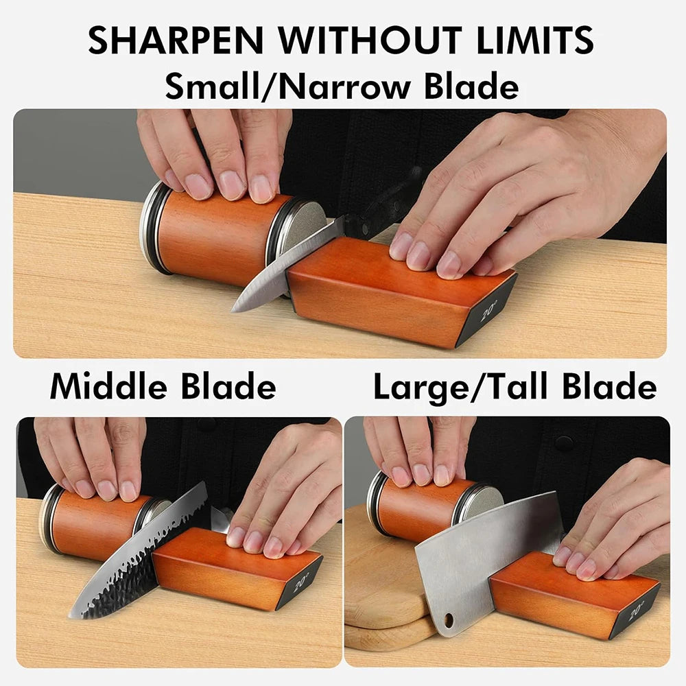 Demonstration of a double-sided diamond knife sharpening roller used to sharpen small, middle, and large blades.