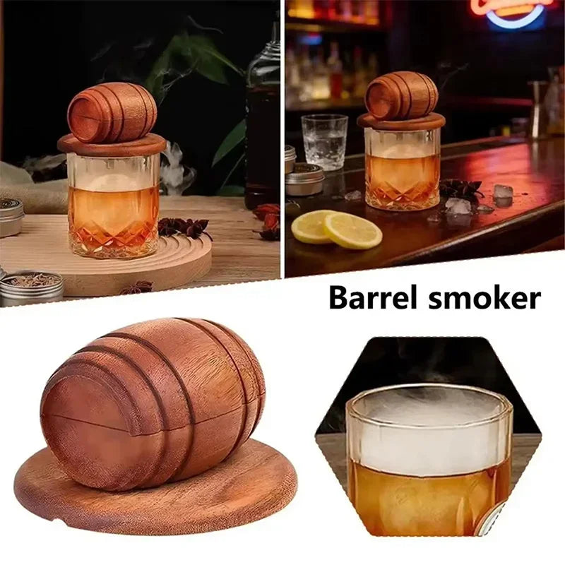 A barrel smoker kit featuring wooden chips used for flavoring whiskey, shown alongside finished whiskey samples.