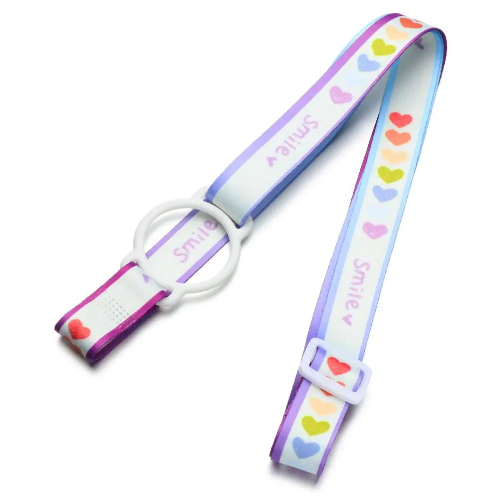 Sangle réglable violette et blanche pour transporter une bouteille d'eau, avec un motif souriant.