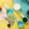 Stainless steel measuring cups and spoons set with scale in various shades of blue and light green on a yellow background