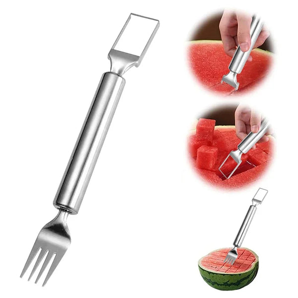 Edelstahl-Obstschäler 2-in-1, gezeigt mit verschiedenen Fruchtstücken und -würfeln.