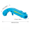 A blue portable beer bottle opener and cap launcher tool with dimensions 6 cm long and 2.36 inches wide.
