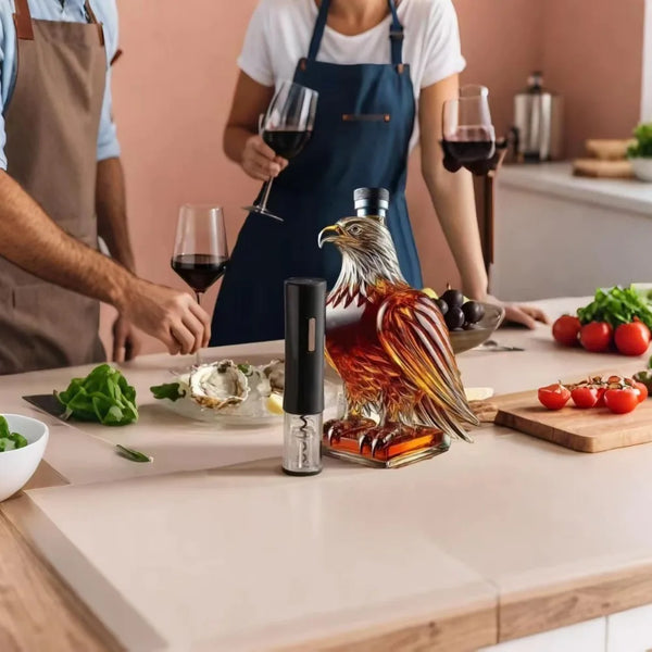 A novelty animal shaped whiskey decanter with a golden bird figure sits on a wooden cutting board.