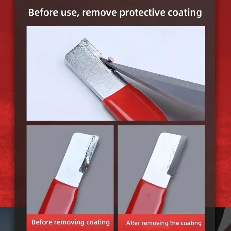 A professional ceramic knife sharpening tool showing the process of removing protective coating from a metal blade.