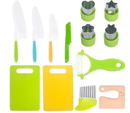 A set of plastic fruit and cake cutting tools including knives, graters, and a cutting board in various colors.