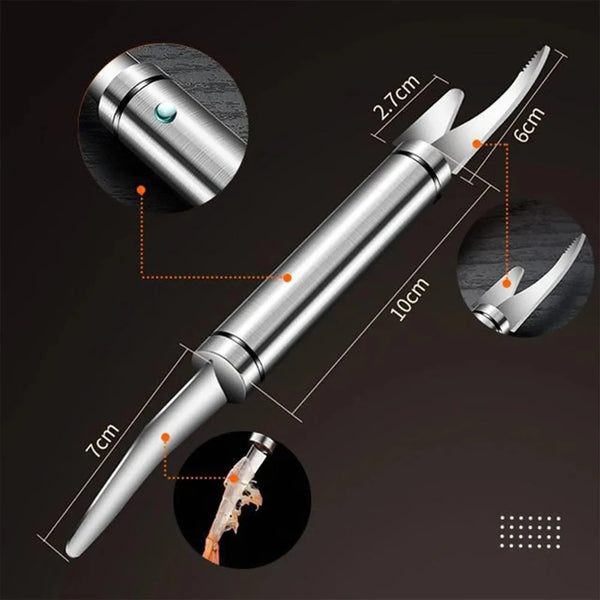 Edelstahl-Seifpel für Meeresfrüchte, gezeigt in verschiedenen Winkeln und Maßen.
