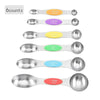 A set of six magnetic stainless steel measuring spoons with various tablespoon and teaspoon sizes.