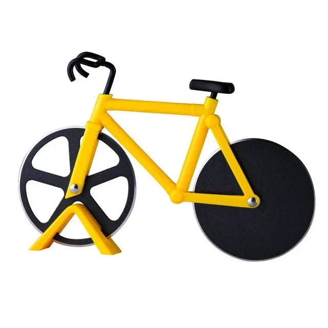 Cortador de pizza en forma de bicicleta amarillo con detalles negros.