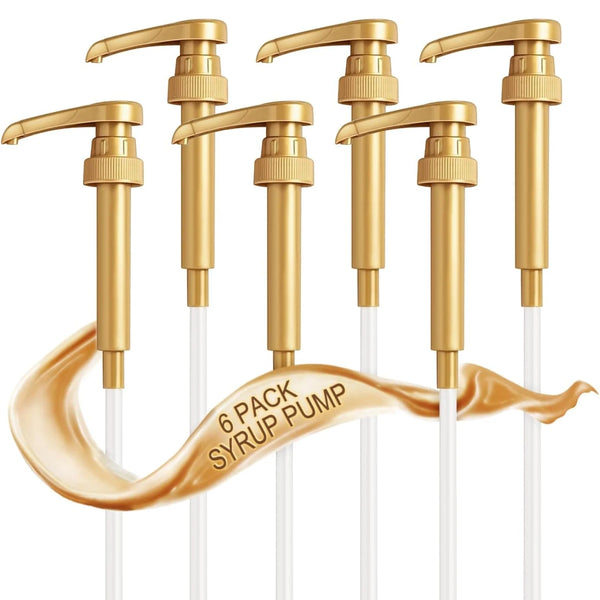 Ein Set aus sechs goldenen Sirup-Pumpen mit weißen Schläuchen zum Abgeben von Kaffee oder Flüssigkeit.