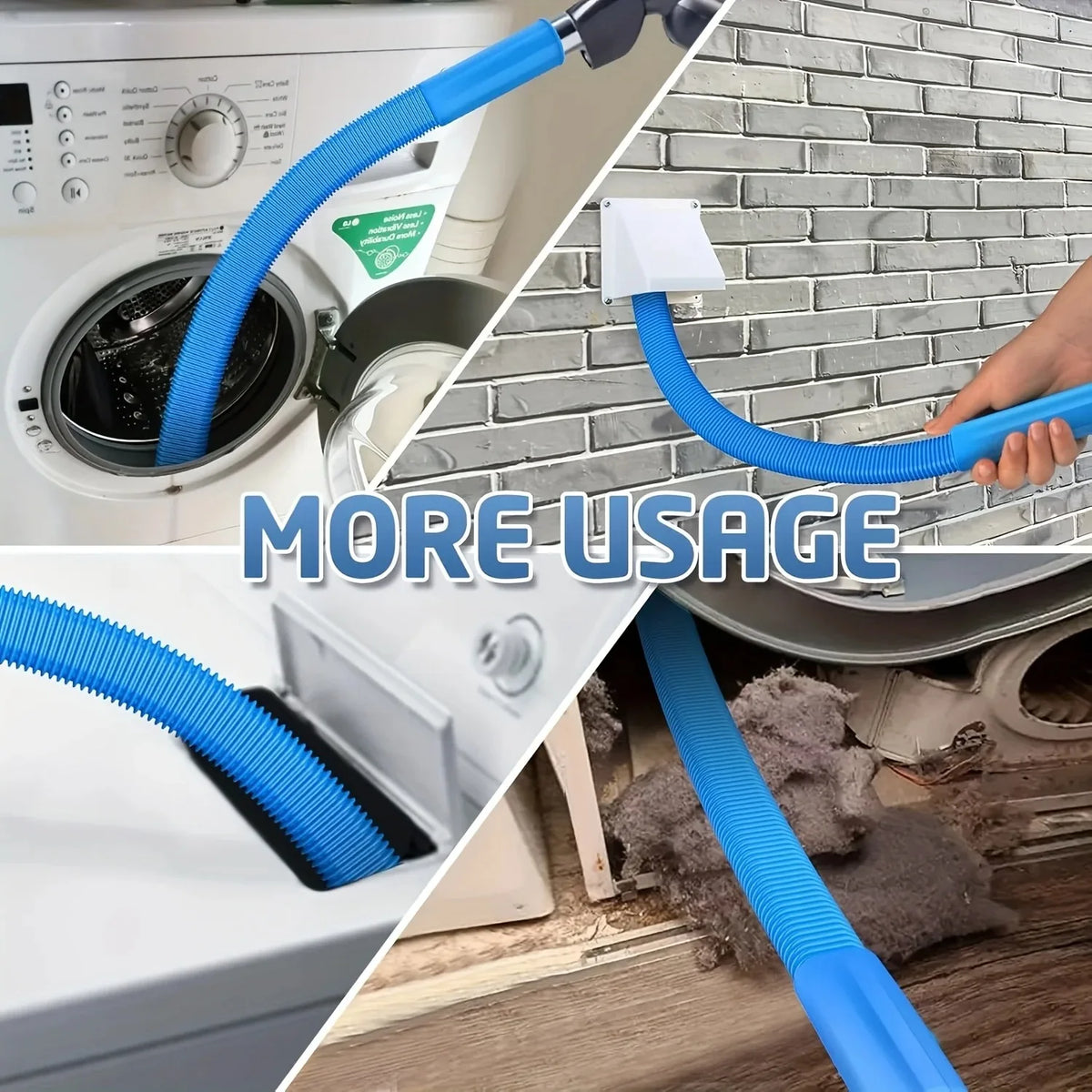 A laundry dryer vent cleaning kit showing various blue flexible hoses and tools for cleaning the vent.