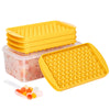 A yellow round ice cube tray is shown stacked and next to a pink container filled with ice cubes.