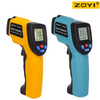 A yellow ZOYI GM320 infrared thermometer and a blue ZOYI GM550 infrared thermometer.