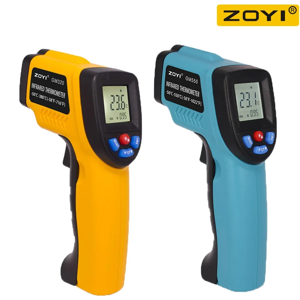A yellow ZOYI GM320 infrared thermometer and a blue ZOYI GM550 infrared thermometer.