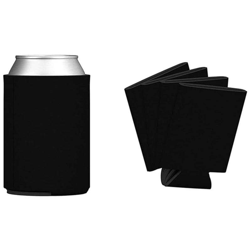 A black reusable foam insulated beverage sleeve next to a stack of similar sleeves.