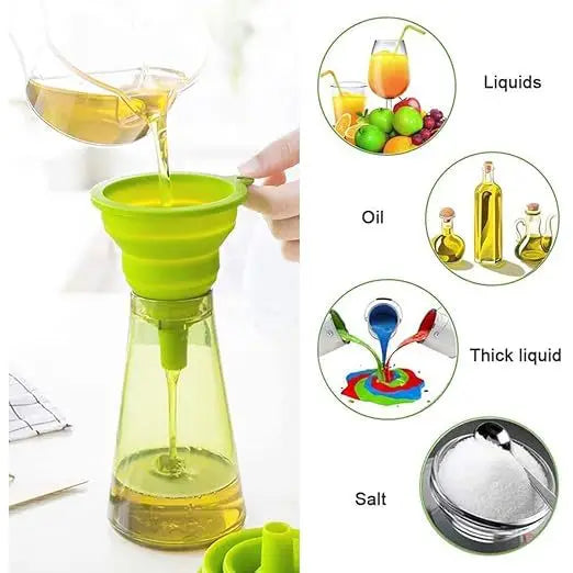 A silicone collapsible funnel set demonstrating liquid pouring and various liquid types like oil, liquids, and salt.