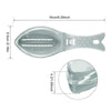 A silver natural fish scale grater and scraper tool shown with dimensions.
