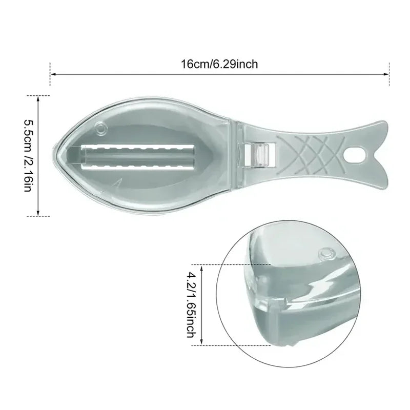 A silver natural fish scale grater and scraper tool shown with dimensions.