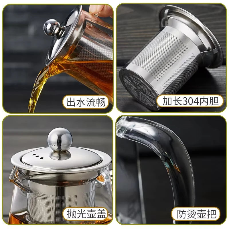 Stainless steel infuser and lid for a heated glass teapot, showing water flow and protection.