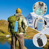 A person wearing a green backpack is shown with various collapsible silicone water bottles.