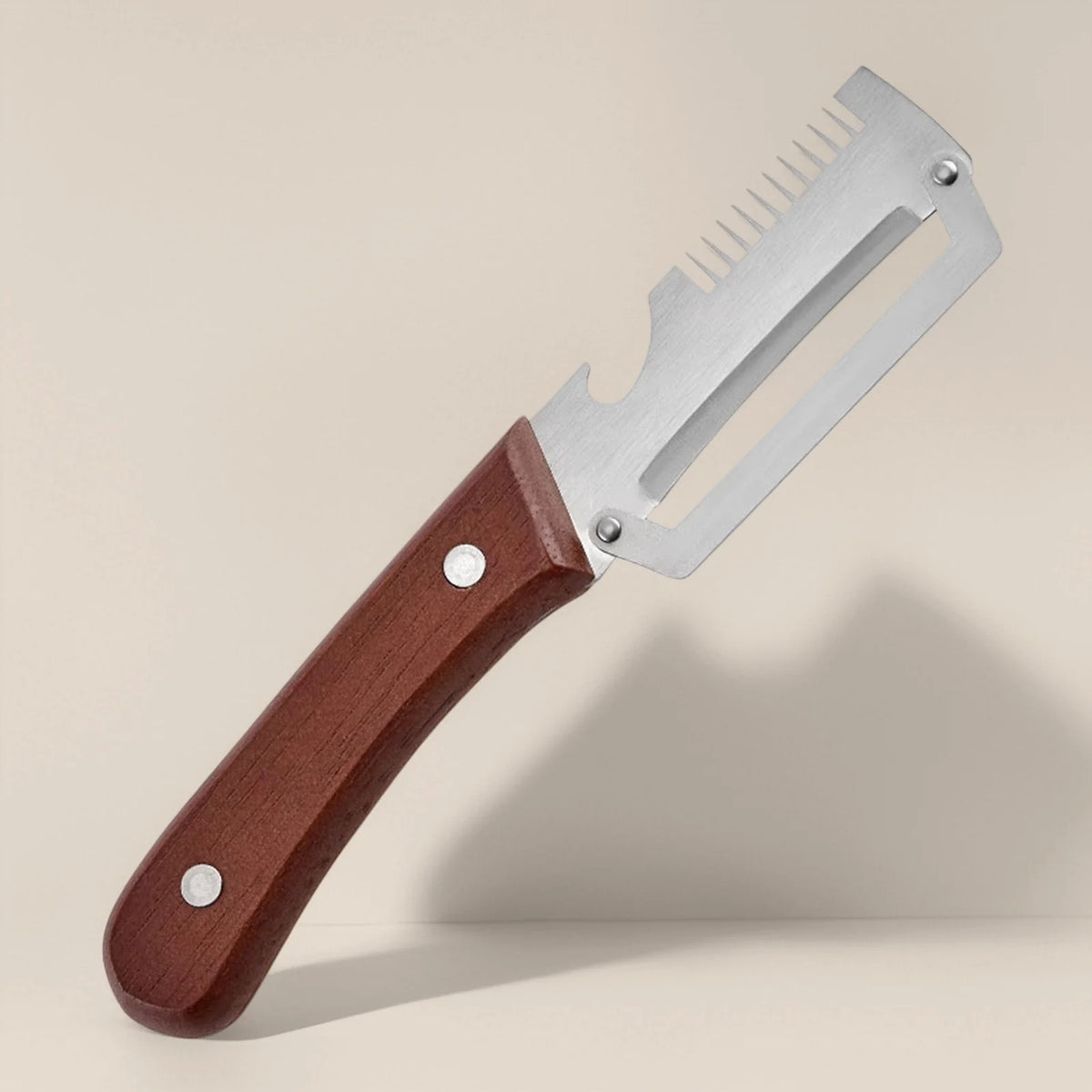 A stainless steel vegetable peeler and bottle opener set with a wooden handle, shown in profile.