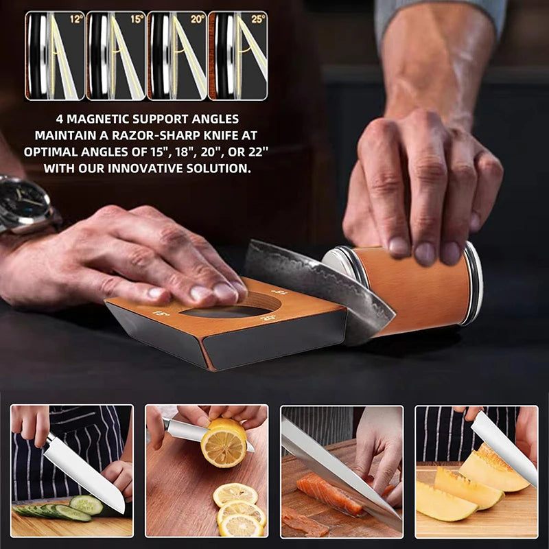 A hand holds a rolling knife sharpening kit demonstrating four magnetic support angles for maintaining razor-sharp knives.