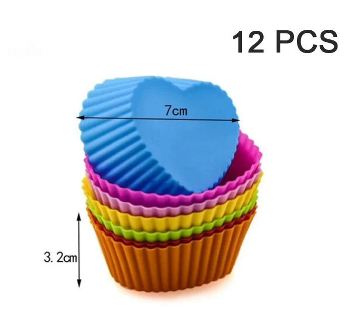 A set of 12 silicone muffin and cake baking molds in various colors, stacked together.