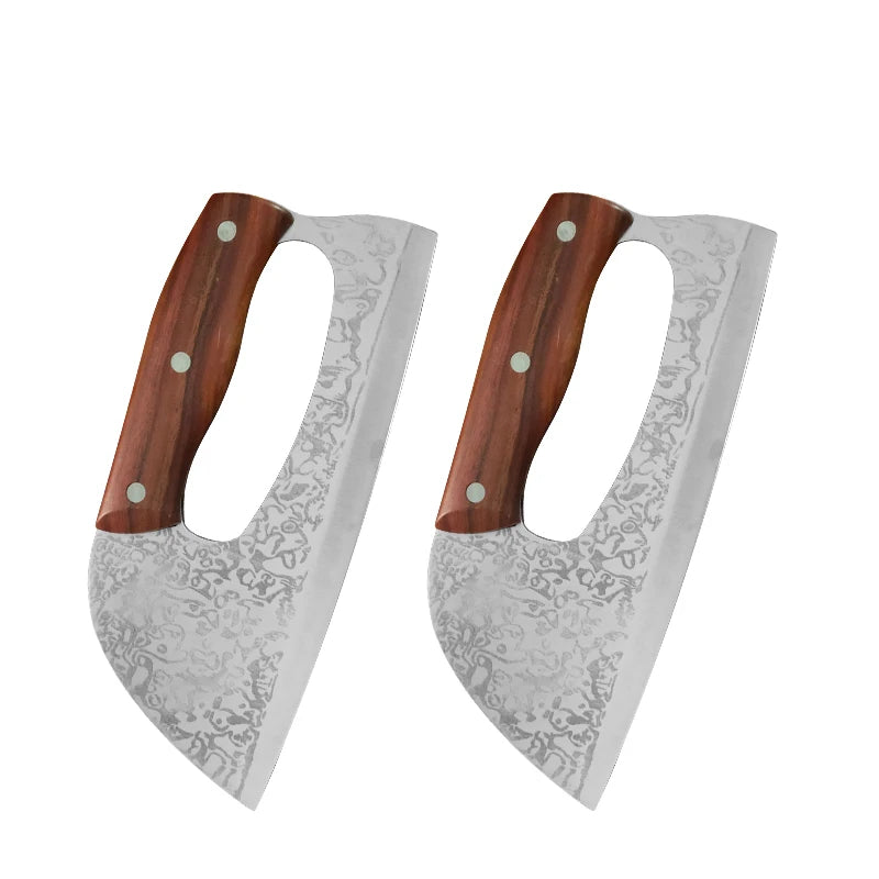 A pair of hand-forged stainless steel chef knives with light gray marbled handles and dark wood grips.