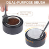 A dual-purpose brush is shown cleaning coffee residue from the edge of a capsule and depressing the edge of foil.