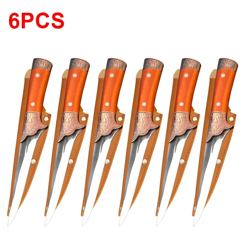 Six professional stainless steel boning knives with wooden handles displayed side by side.