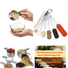 A set of stainless steel measuring cups and spoons for various ingredients like seeds and spices.