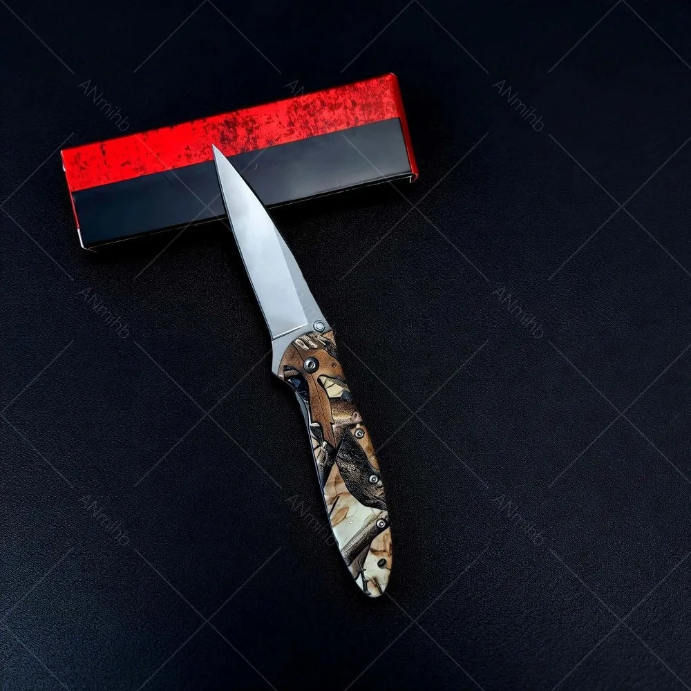 A multi-functional folding utility knife with a silver blade and a wooden handle rests on a black surface next to a red and b