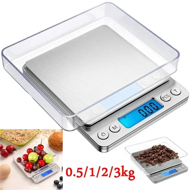 A precision digital kitchen scale with a clear glass platform and a digital display showing 0.00, used for weighing food.