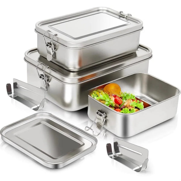 Set aus Edelstahl-Lunchboxen mit verschließbaren Clips in verschiedenen Größen