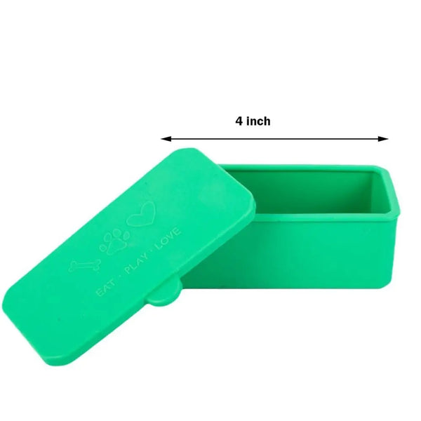 A bright green silicone food storage set featuring a bowl and a lid, measuring 4 inches long.