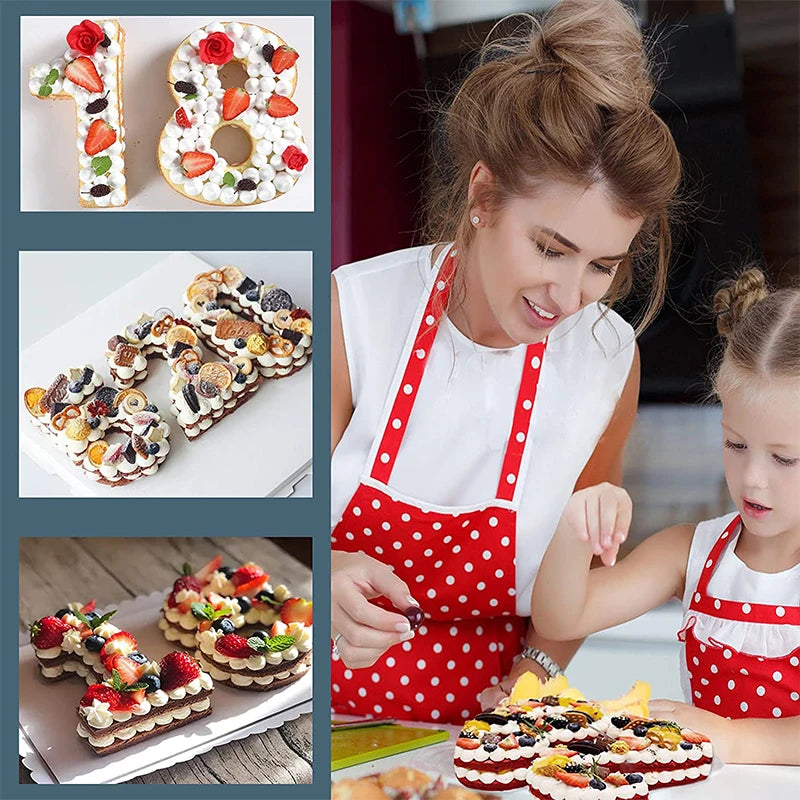 A woman is decorating a cake with fruit and cream using a large number cake mold.