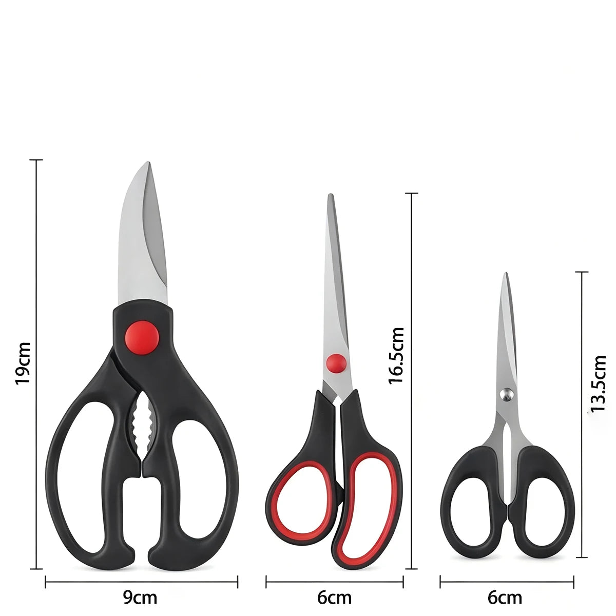 A set of three multi-functional stainless steel kitchen scissors in black and silver.